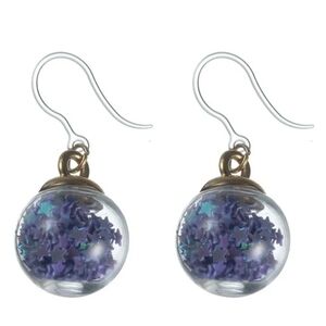 Glass confetti purple star ball dangle earrings